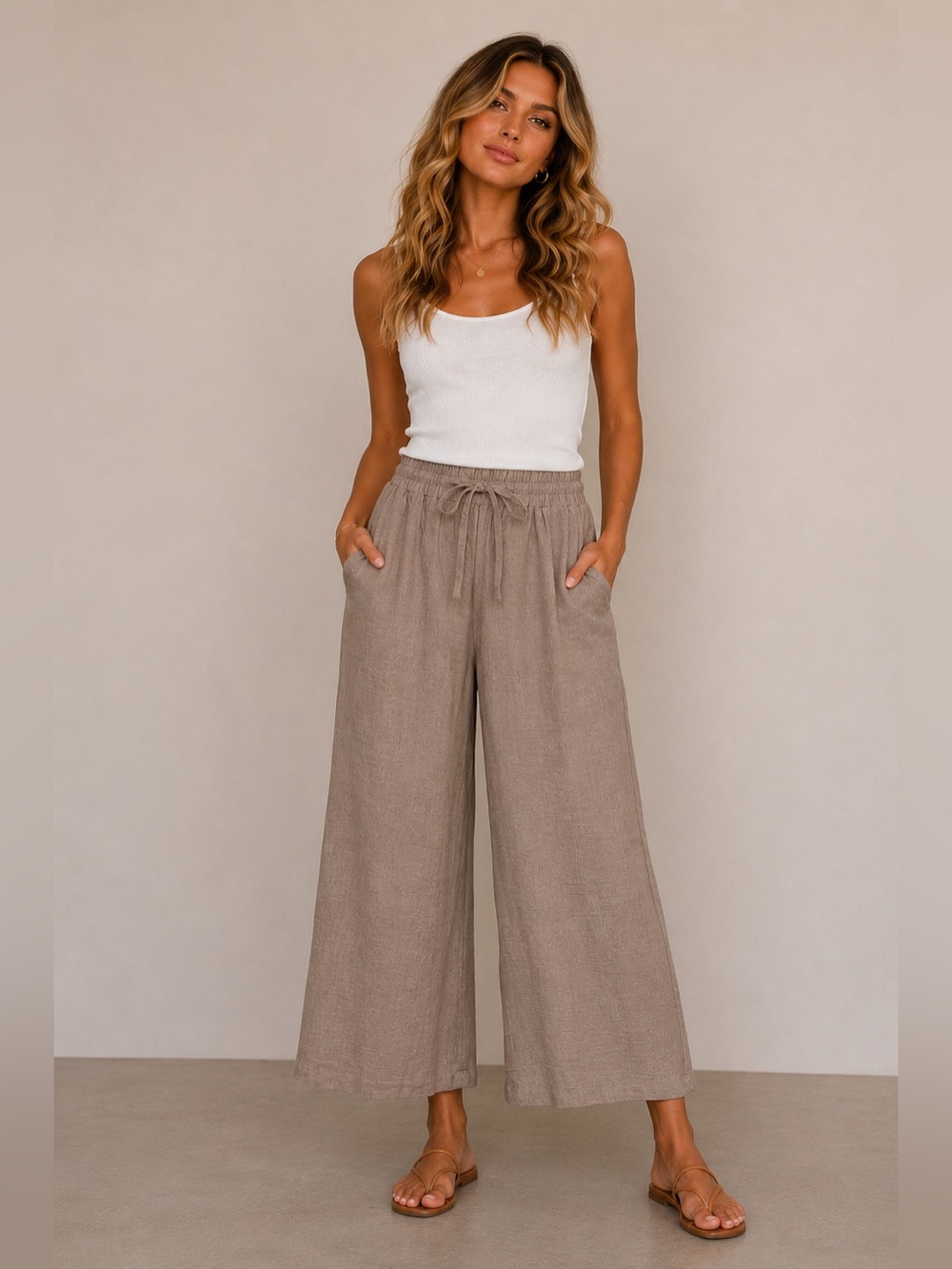 Zenana Taupe Wide Leg Cropped Pants Elastic Waist Drawstring Lounge S
